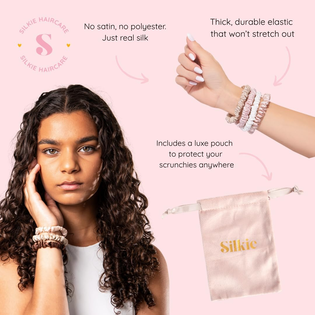 SILKIE 100% Pure Mulberry Silk Scrunchies Set of 4 Brown Travel Pouch Hair Care Elastic Hair Ties Ponytail Holder image number 4