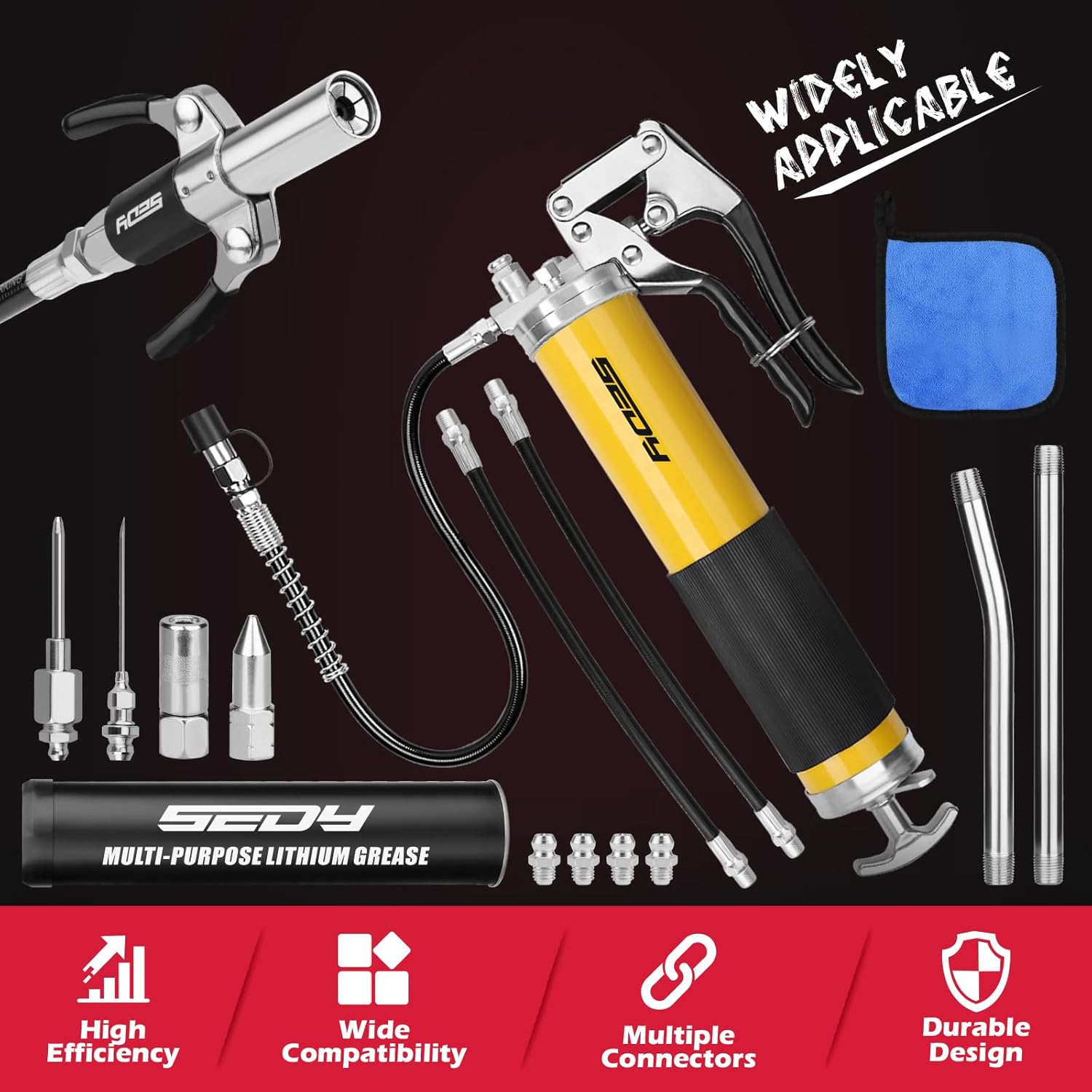SEDY 17-Piece Heavy Duty Grease Gun Kit: 8000 PSI with 14Oz Grease Cartridge Flexible Hose Pistol Grip Marine Durable Connectors Adapters Extension Tubes Nozzle Easy Operation image number 4