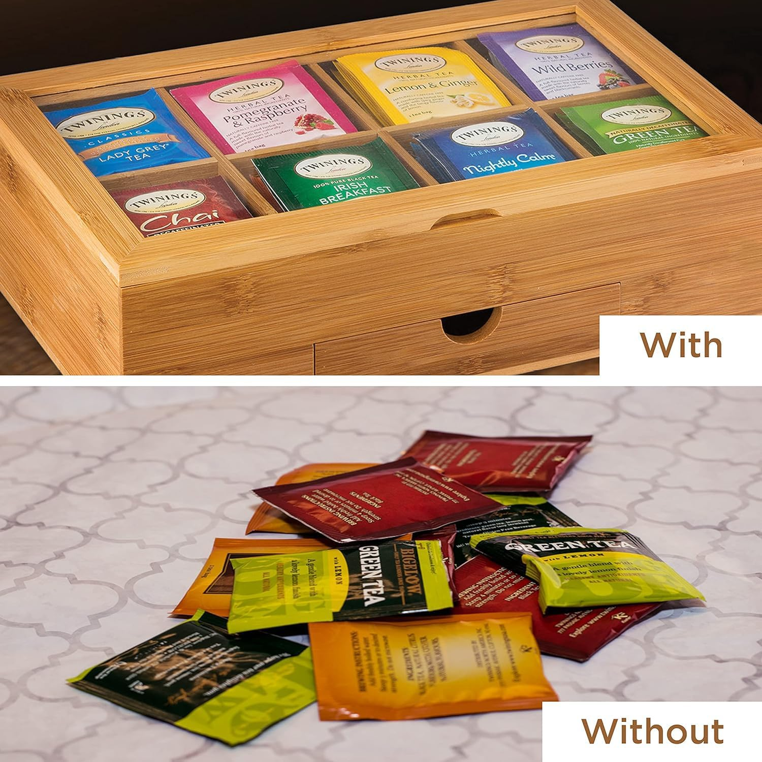 Tea Bag Organizer - Bamboo Tea Box Organizer Storage Box, Tea Bag Holder with Drawer & Acrylic Window, Magnetic Lid Keeps Tea Bags Fresh - Tea Organizer Caddy (Tea Not Included) image number 1