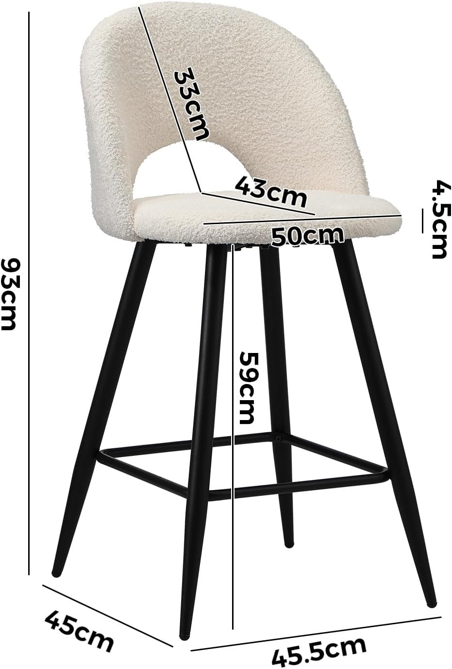 Oikiture Bar Stool Set of 2, Kitchen Counter Barstools Dining Chair Sherpa Boucle Fabric Upholstered Backrest in 59Cm Seat Height Floor for Outdoor Indoor Home Bar Dining Room Cafe, White image number 2