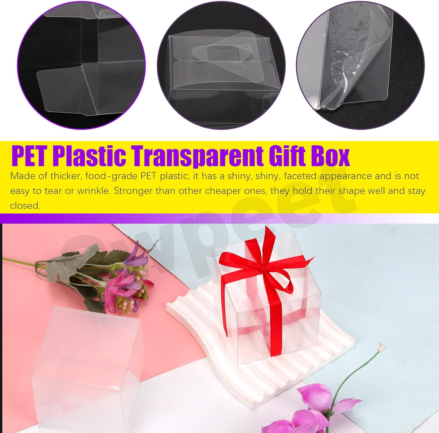 Swpeet 33Pcs 2.76" &times; 2.76" &times; 2.76" Plastic Clear Favor Boxes with Ribbons and Scissors Kit, Small Gift Boxes Transparent Cube PET Boxes Treat Boxes for Wedding Birthday Baby Shower image number 4