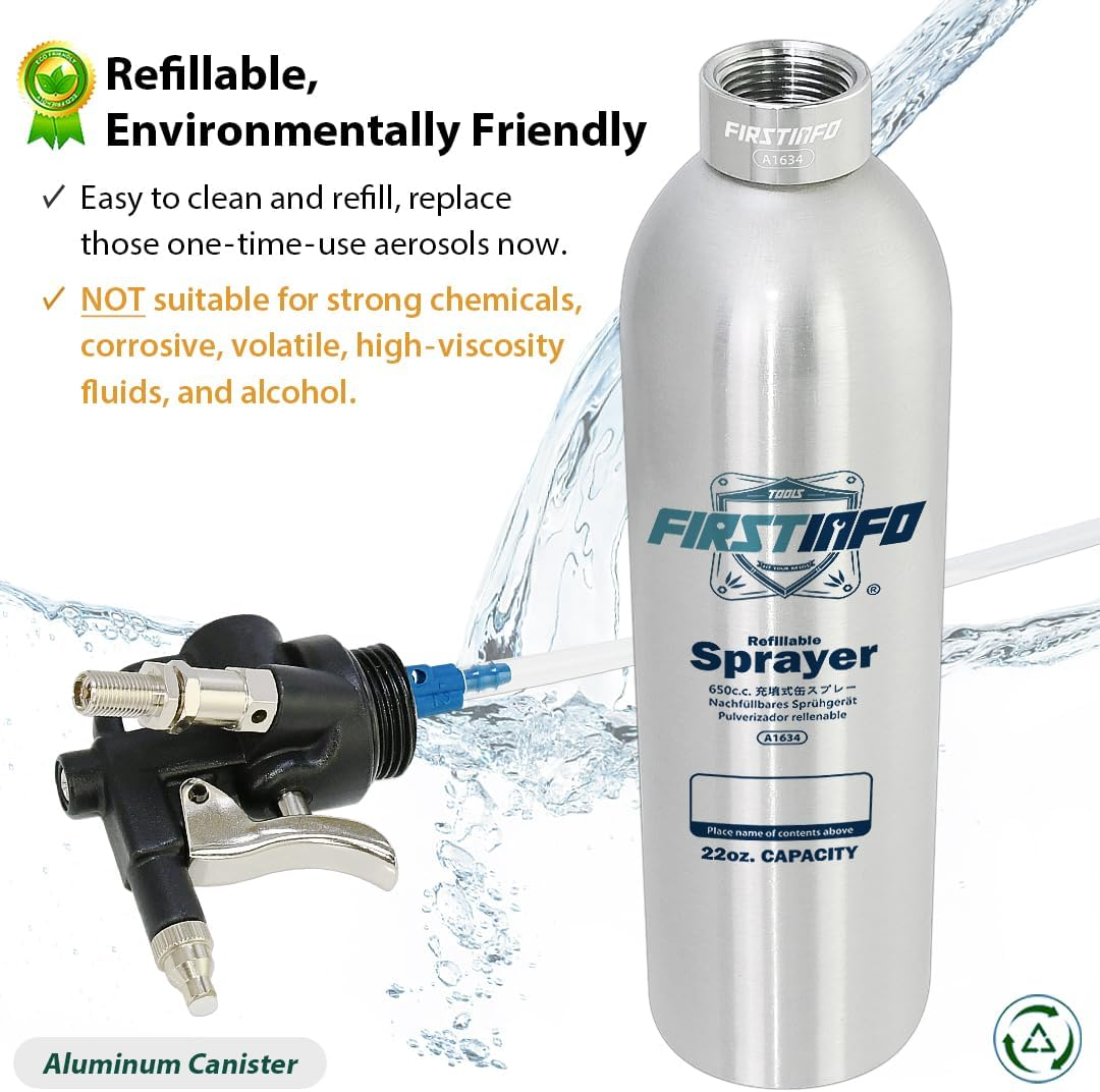FIRSTINFO A1634 Patented 650Ml Aluminum Canister Aerosol Refillable Spray Can/Compressed Air Sprayer/Max. Pressure 110 Psi/Short Nozzle with Mist Spray image number 4