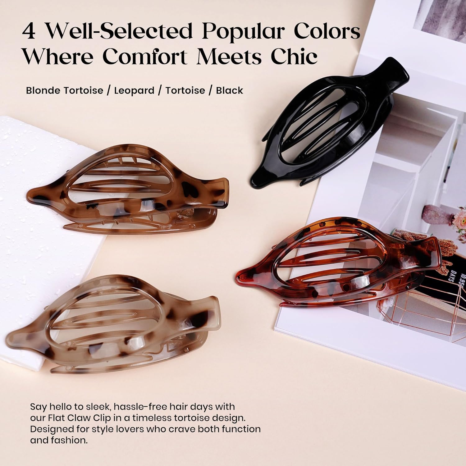 Oeusnael 4 PCS Large Flat Hair Clips for Women Girls, French Concord Lay down Hair Claw Clips for Thick Thin Hair, Matte Non-Slip Strong Hold Hair Accessories (Tortoise) image number 6