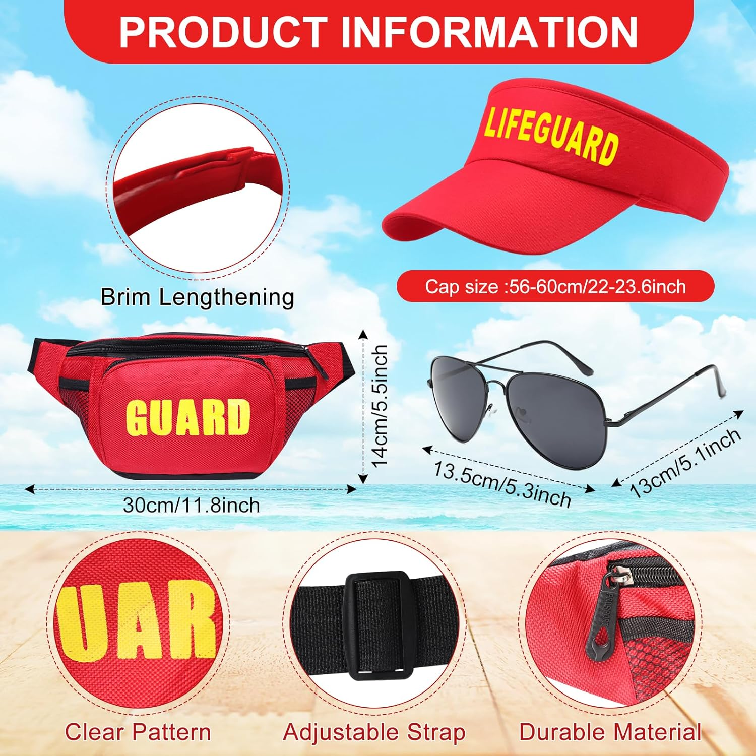 5Pcs Life Guard Accessories Kit Include Inflatable Float Prop Bucket Hat Adjustable Fanny Pack Whistle Sunglasses Lifeguard Fancy Dress Costume for Adults Women Men Halloween Cosplay Party image number 1
