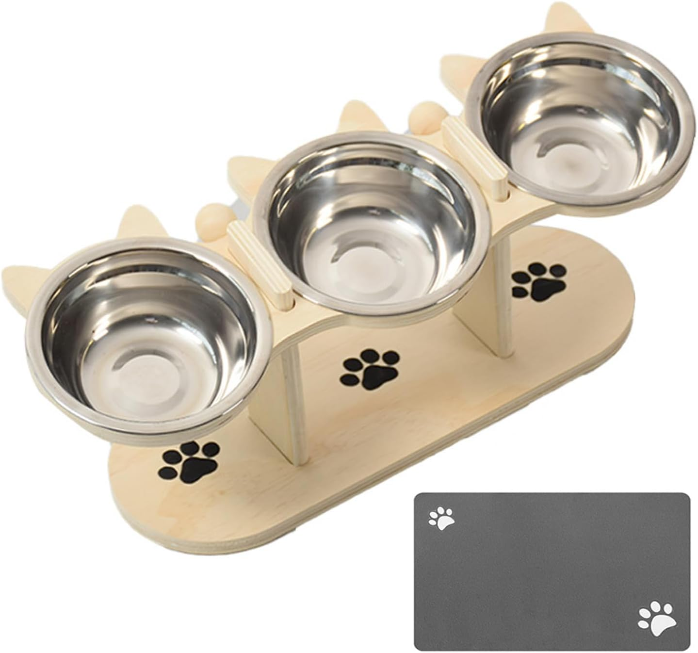 Elevated Cat Bowls - 3 Stainless Steel Elevated Cat Food Dishes with Stand 15&deg; Swivel and a Placemat (Wood) image number 2