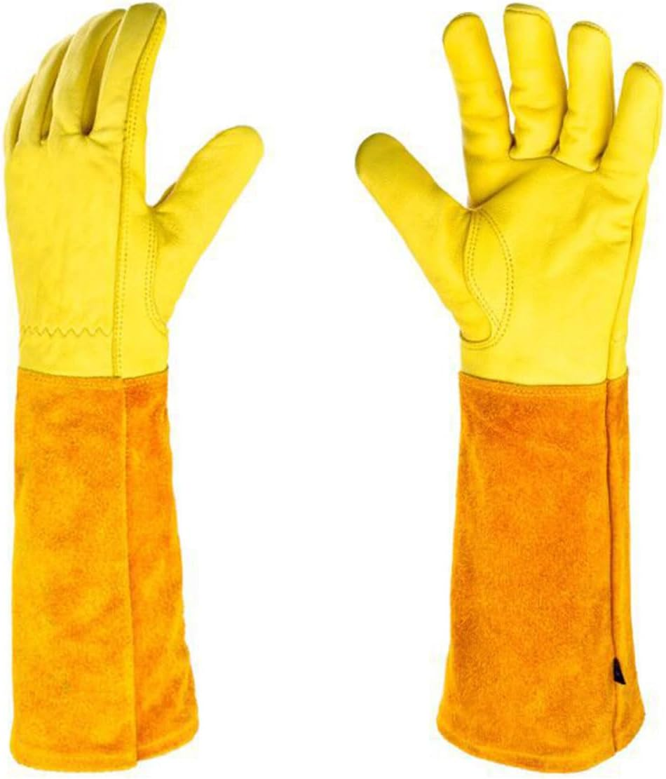 AIMALL Long Cowhide Gardening Gloves with Extended Cuffs, Heat Resistant Anti-Puncture Non-Slip Gloves for Pruning, Flower Arranging, Cattle Work, Size S&ndash;XL, Yellow