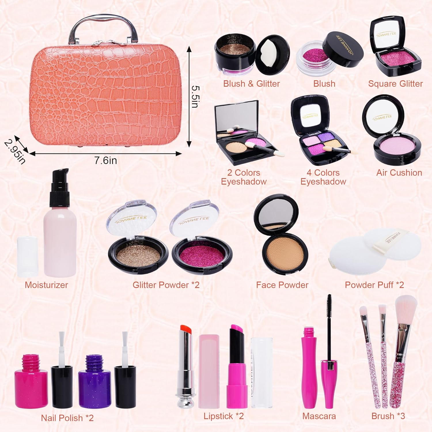 Pretend Makeup Kit for Girls Kids Pretend Play Makeup Set with Exquisite Leather Bag and Gift Box for Birthday Christmas Age 3+ (Not Real Makeup) (21Pcs Pink Kit) image number 3