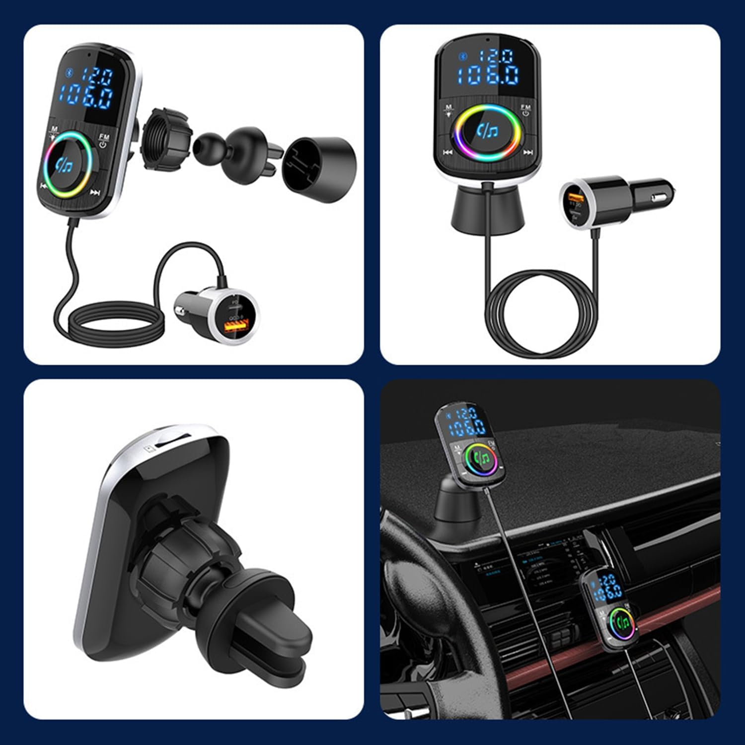 FM Transmitter, Bluetooth FM Transmitter Wireless Radio Adapter Car Kit with Lossless Sound Quality Colorful Ambient Light Player image number 4