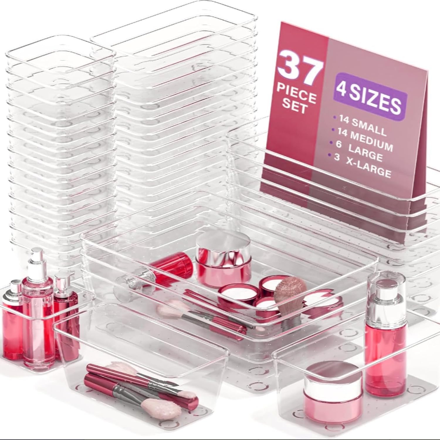 Clear Plastic Drawer Organizers Set, 4-Size Versatile Bathroom and Vanity Organizer Trays, Non-Slip Storage Containers for Makeup, Jewelries, Bedroom, Kitchen Utensils and Office（37Pcs） image number 2