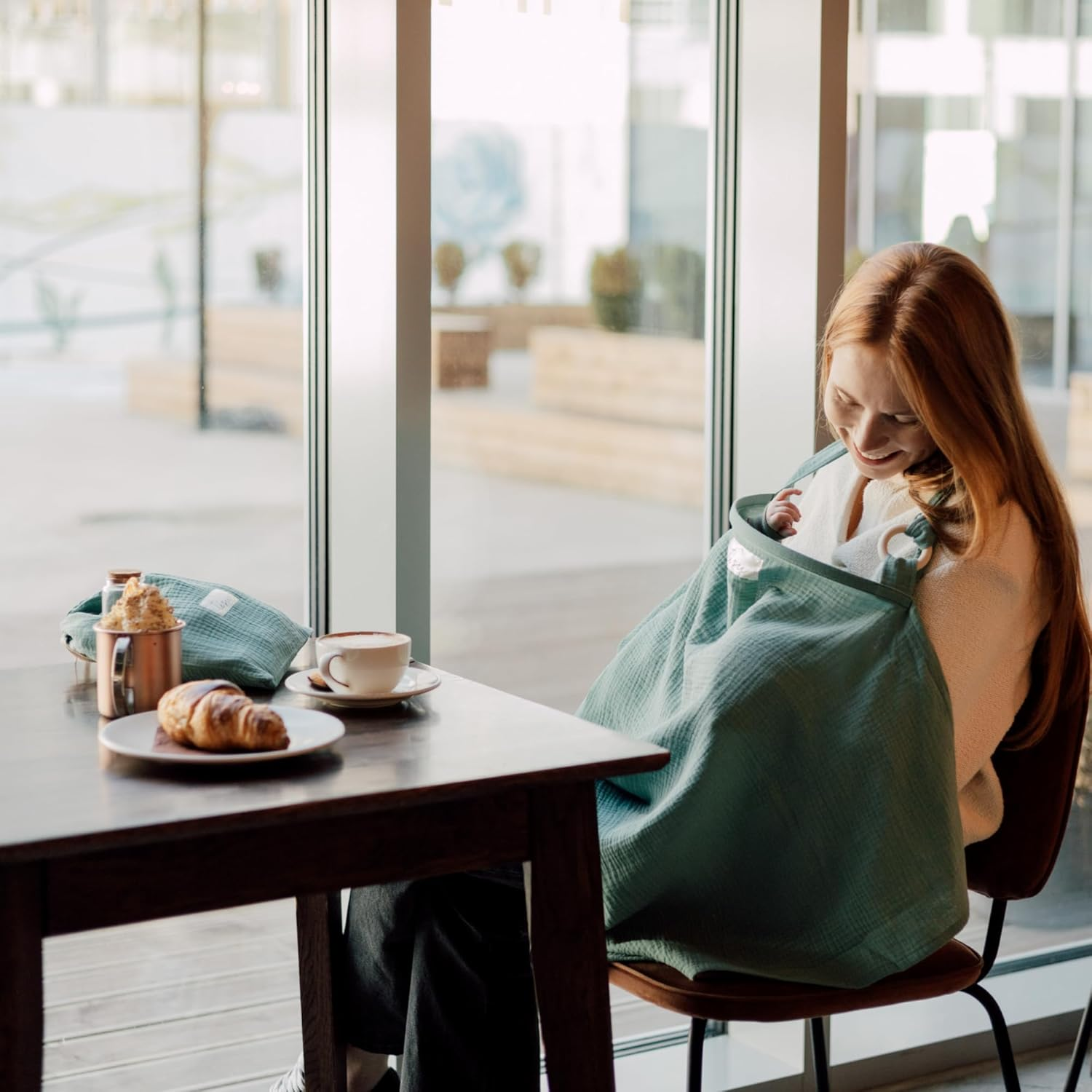 Nursing Cover for Baby Breastfeeding & Pumping | Multi Use Car Seat Stroller Cover | Breathable Soft Muslin Cotton | Breast Feeding Apron & Shawl by TISU (Sage Green (Neutral)) - Beige Daisy image number 2