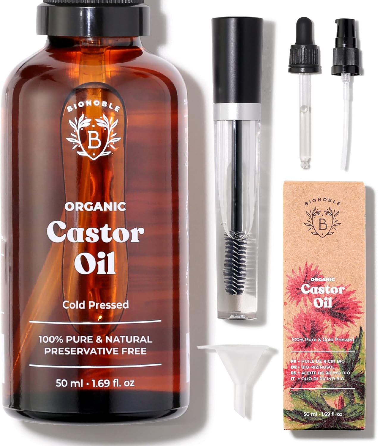 Bionoble Organic Castor Oil 50Ml - 100% Pure, Natural, Cold Pressed - Lashes, Eyebrows, Body, Hair, Beard, Nails - Vegan, Cruelty Free - Glass Bottle + Pipette + Pump + Mascara Kit image number 1