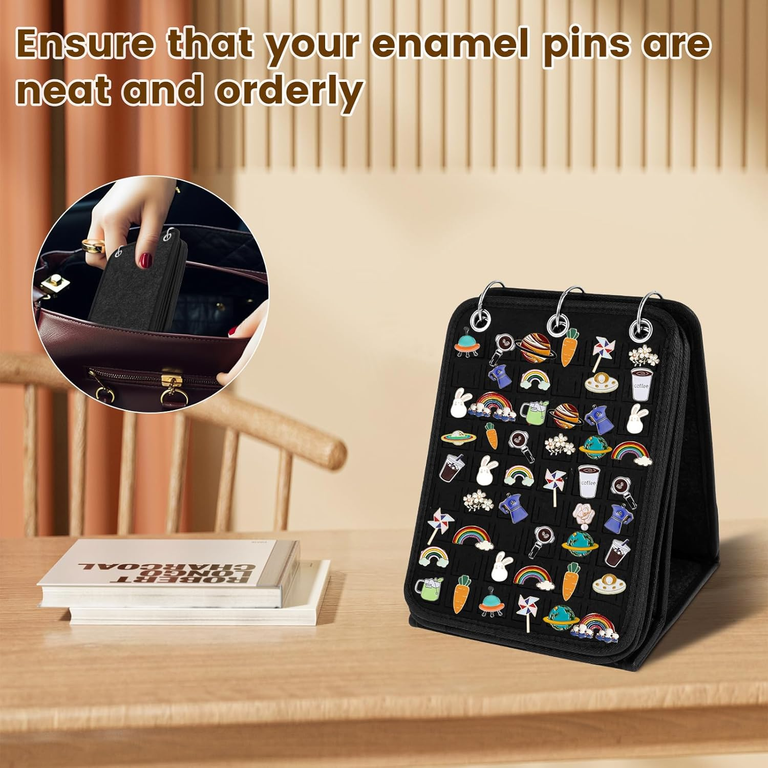 Pin Display Holder, Large Capacity Felt Brooch Display Binder, Foldable Enamel Pin Collection Storage Organizer, with 3 Binders 5 Pages for Store 270 Pins,Travel Brooches, Sports Medals, Paper Clips image number 5