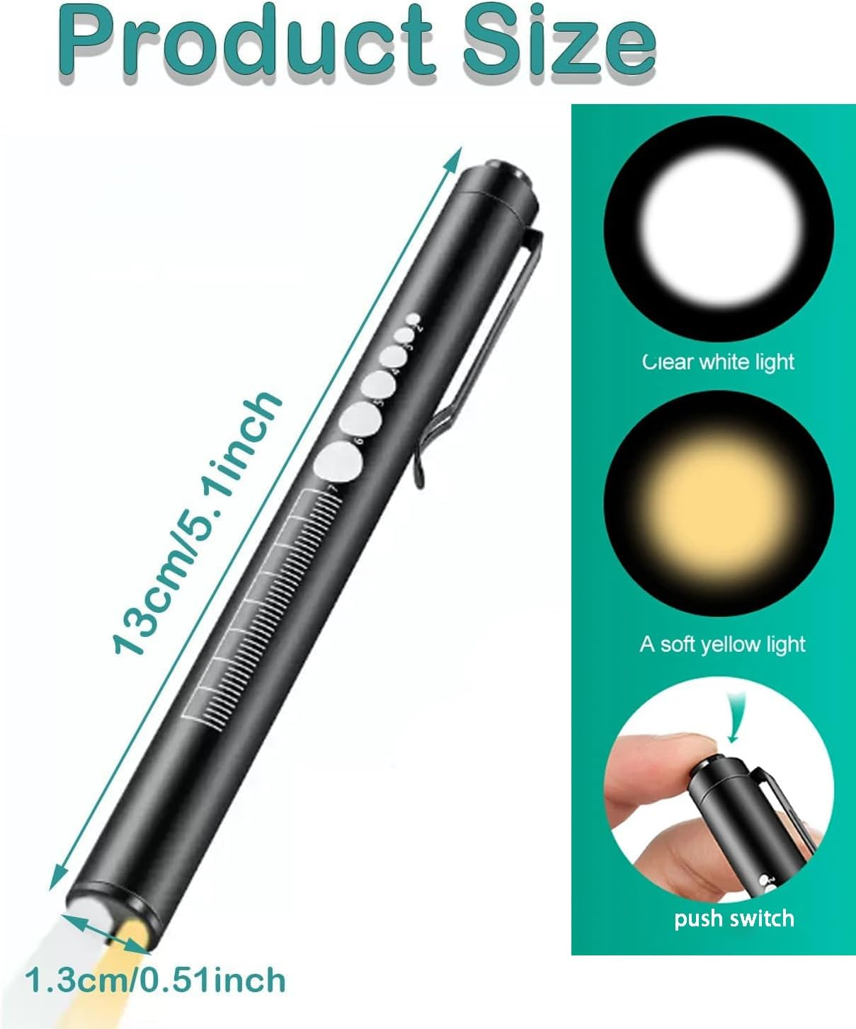 KEWAYO Pen Light, Reusable LED for with Pen Lights with Pupil Gauge & Ruler, USB Rechargeable, Extra Warm Light Bulb, Pocket Clip (Black) image number 6