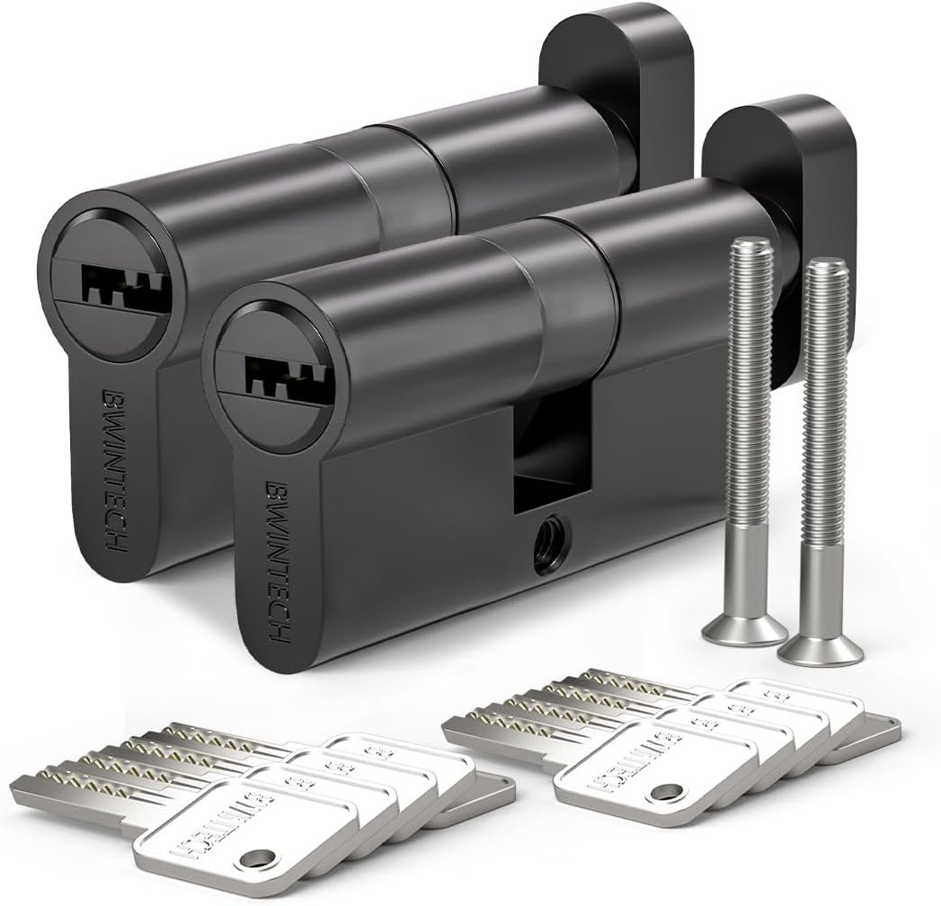 Bwintech Keyed Alike 30T/30 Mm Euro Brass Cylinder, 60 Mm Key/Key Cylinder Lock with 5 Horizontal Brass Keys, anti Picking, anti Drilling, anti Bumping, Black Surface image number 2