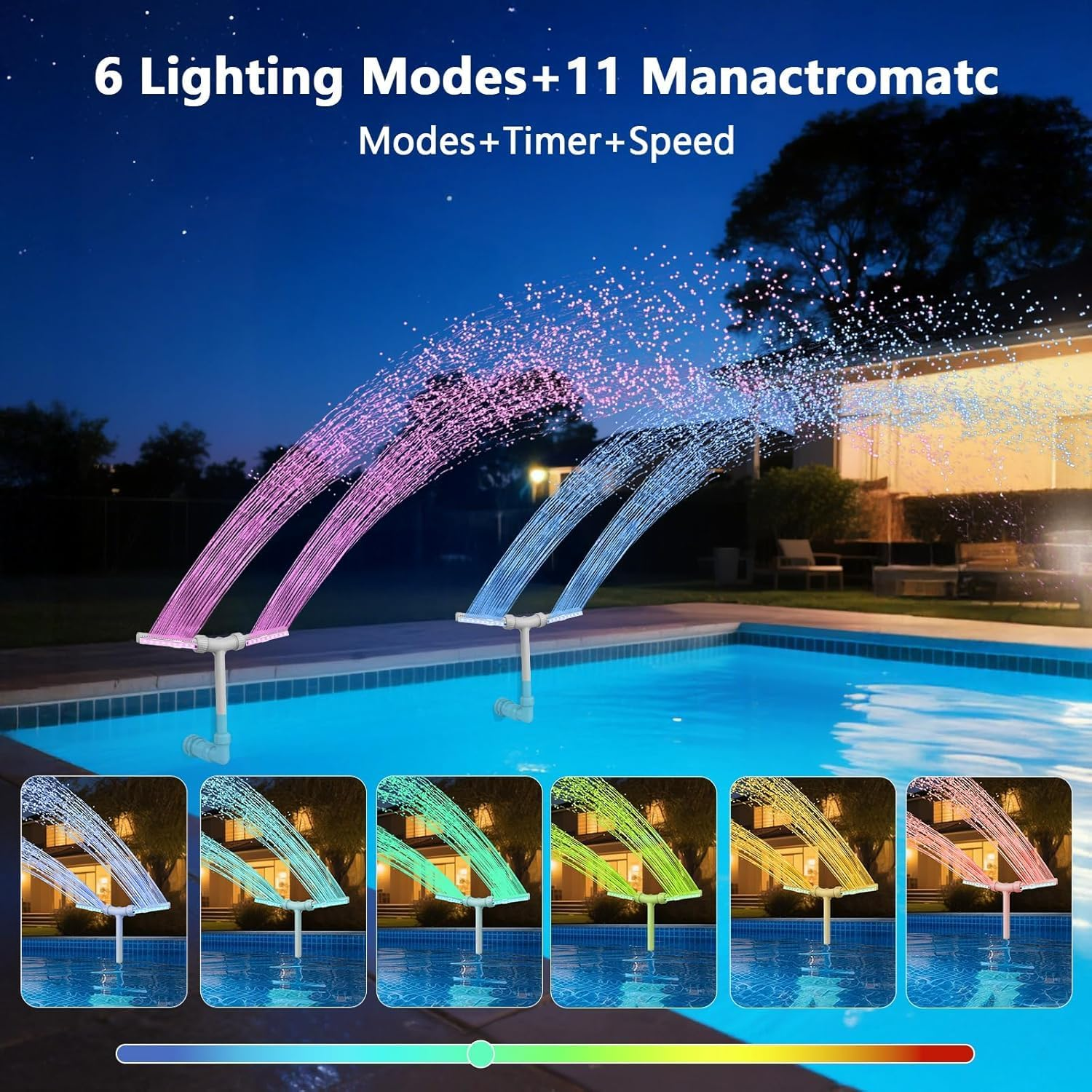 Solar Pool Fountain with Lights, for above and In-Ground Pool with 11Color 6-Mode LED Lights Control by APP, High-Pressure Waterfall, 360&deg;Adjustable Dual Spray Waterfall Sprinkler, for Pool Parties image number 6