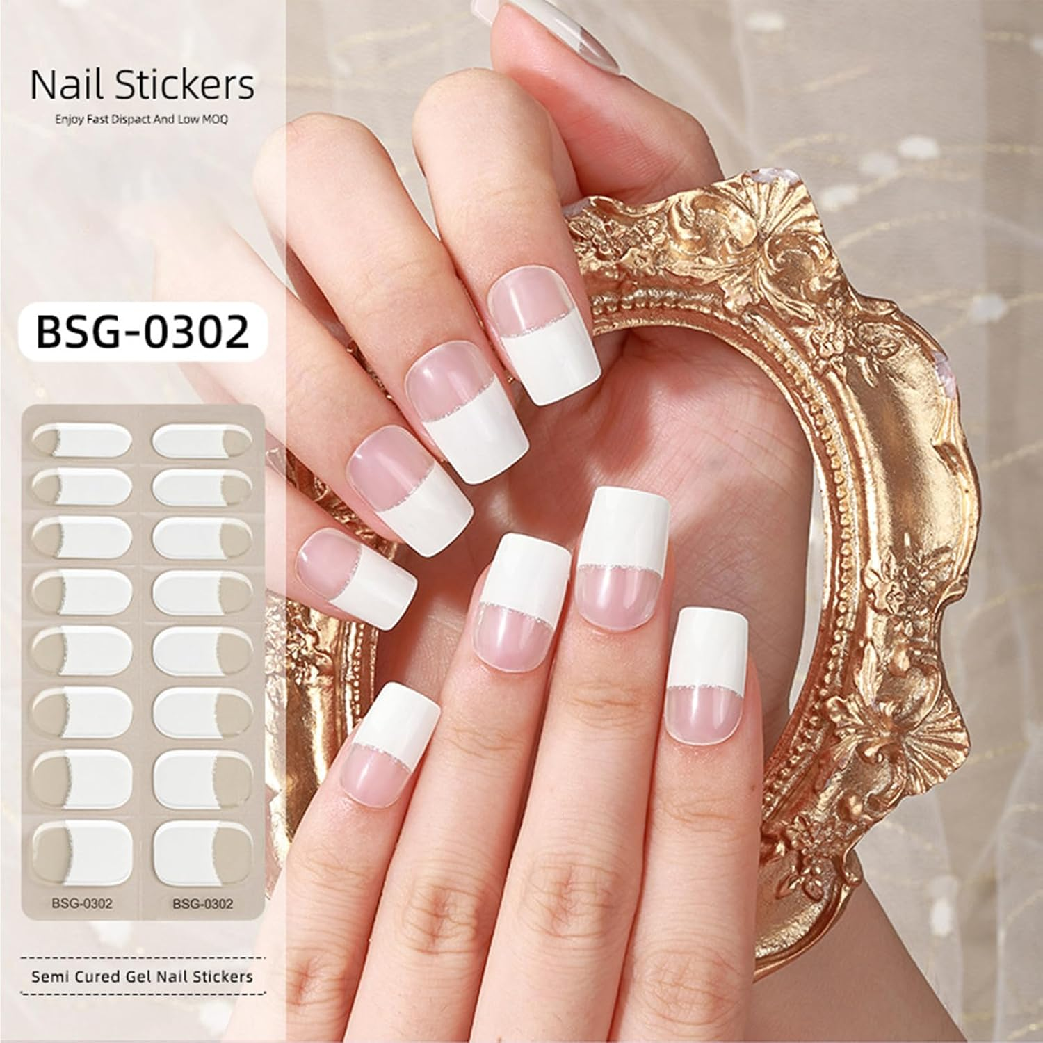 Semi Cured Nail Stickers,French Nail Polish Stickers - French Tip Nail Strips, Gel Nail Wraps Works with UV Light for Home Nails image number 1