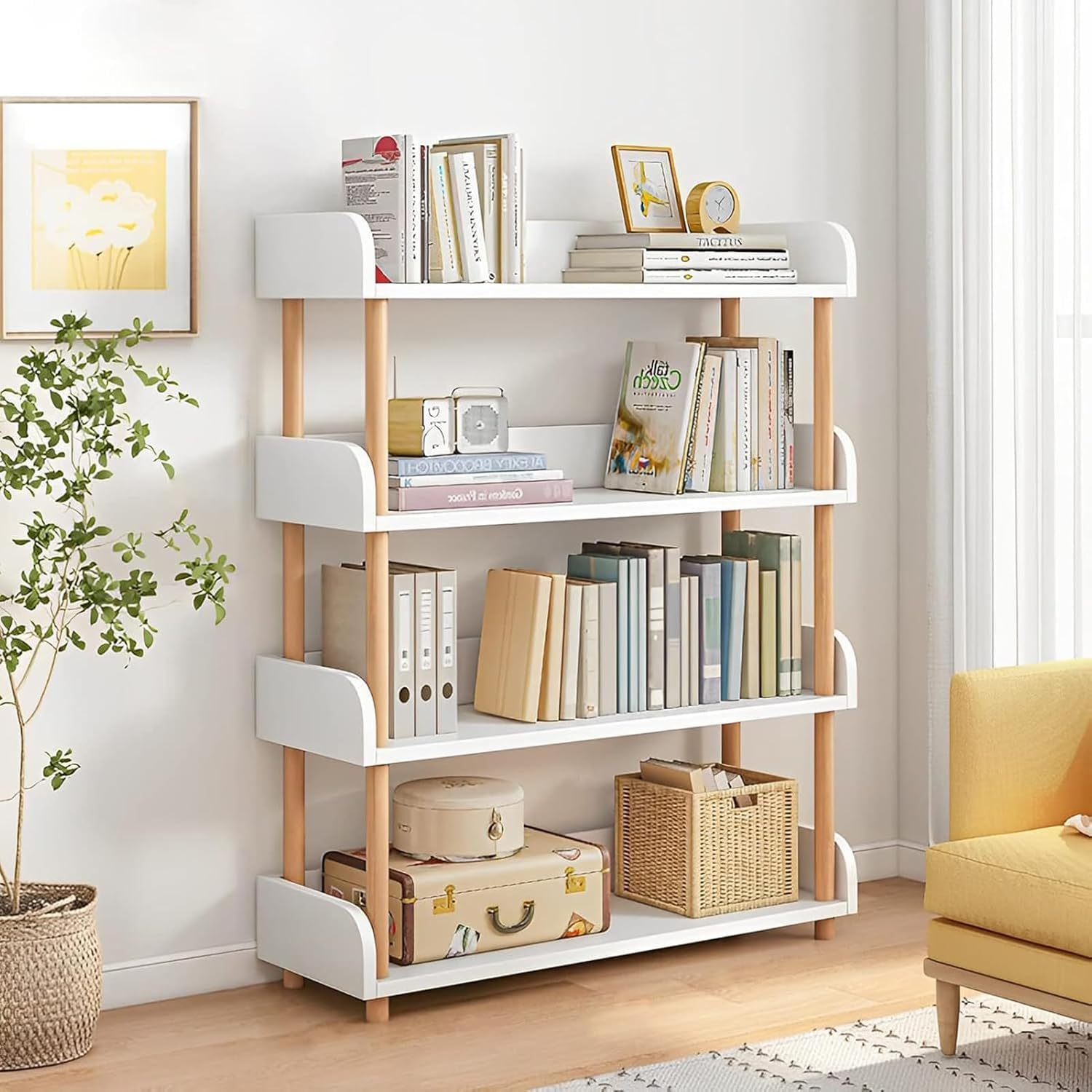4-Tier Wooden Open Bookcase, Modern Freestanding Bookshelf Organizer with Side Panels, Wood Storage Shelves Display Stand Plant Rack for Home and Office, Storage Cabinet (4-Tier White 60CM)