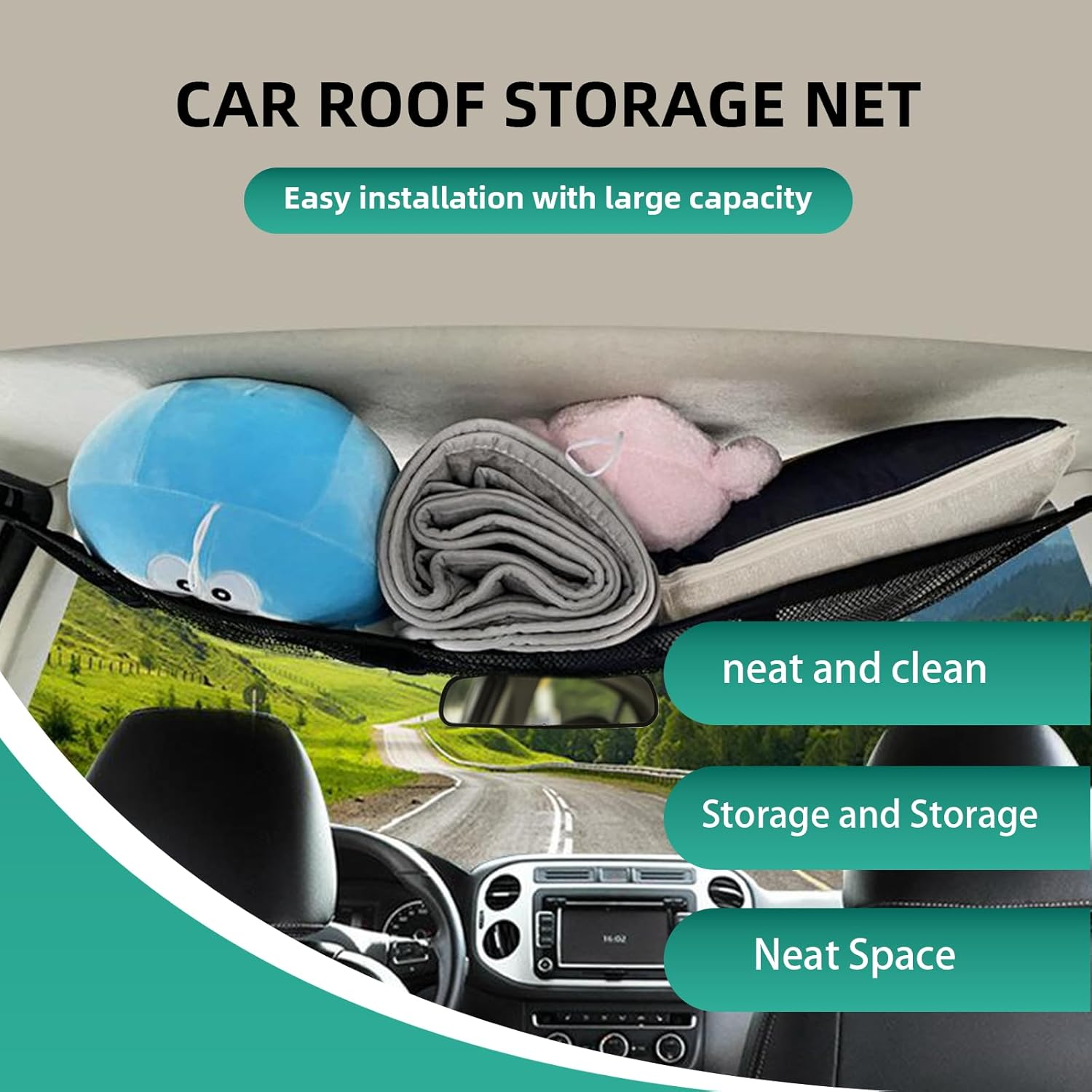 Car Roof Cargo Net Storage Organizer Black 78X53Cm SUV Ceiling Cargo Net Pocket with Adjustable Dual Pockets Fast-Release Buckles Double Zippers for Camping Family Trips