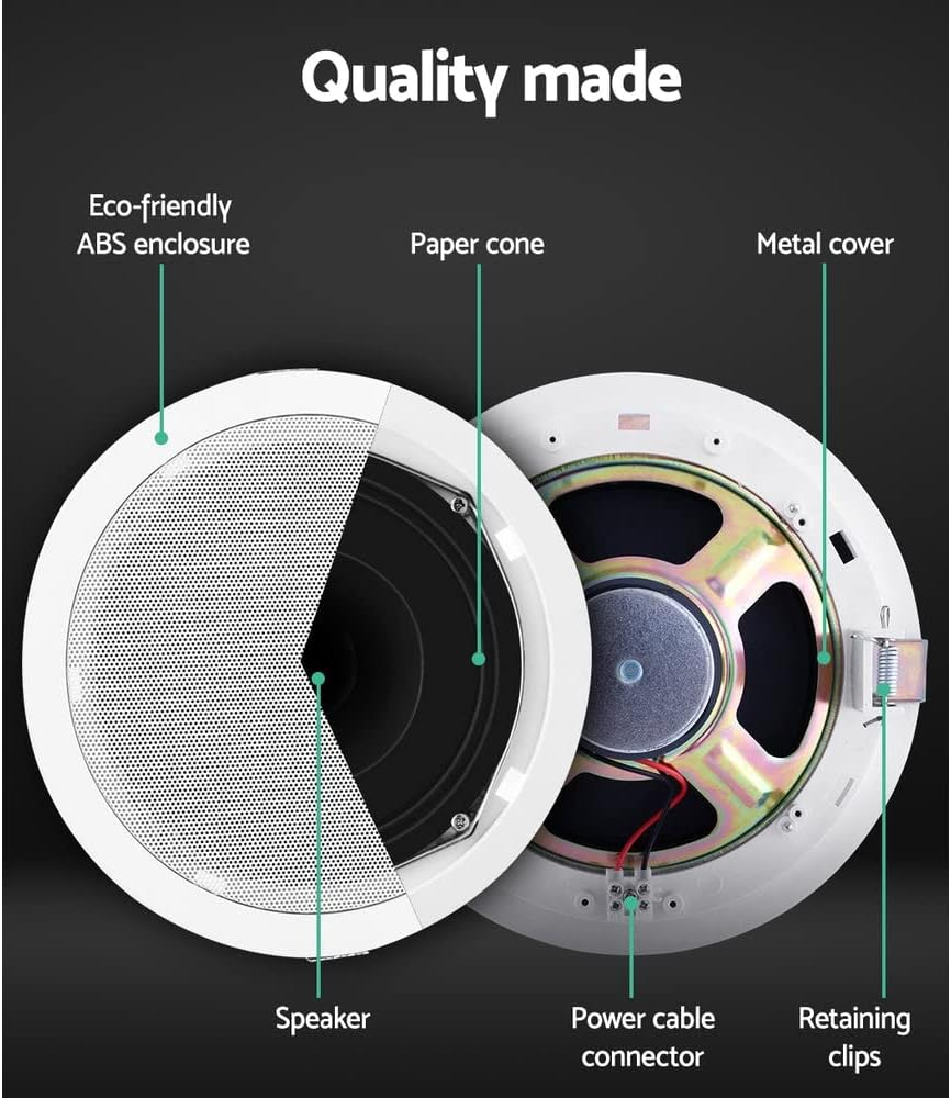 Giantz 6&rdquo; Ceiling Speaker, Set of 6 80W Stereo Audio Speakers Tweeter Wall Mount Home Theatre System, Metal Cover Voice Coil and 2 Retaining Clips White image number 3