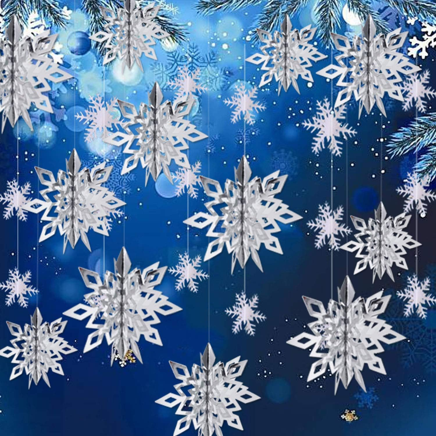 Oumuamua Christmas Snowflake Decorations, 15Pcs Xmas 3D Iridescent Snowflakes 3D Laser Paper Snow Flakes for Christmas Winter Wonderland Snow White Holiday Birthday Home Party Decor, Holographic