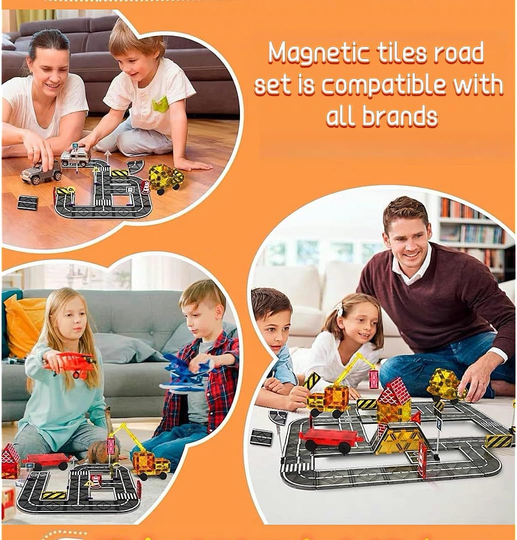 Magnetic Tiles Road Set for Kids, 41 PCS Magnetic Building Blocks with Car Toys, Construction Magnetic Blocks Toys, Boys Gifts image number 4