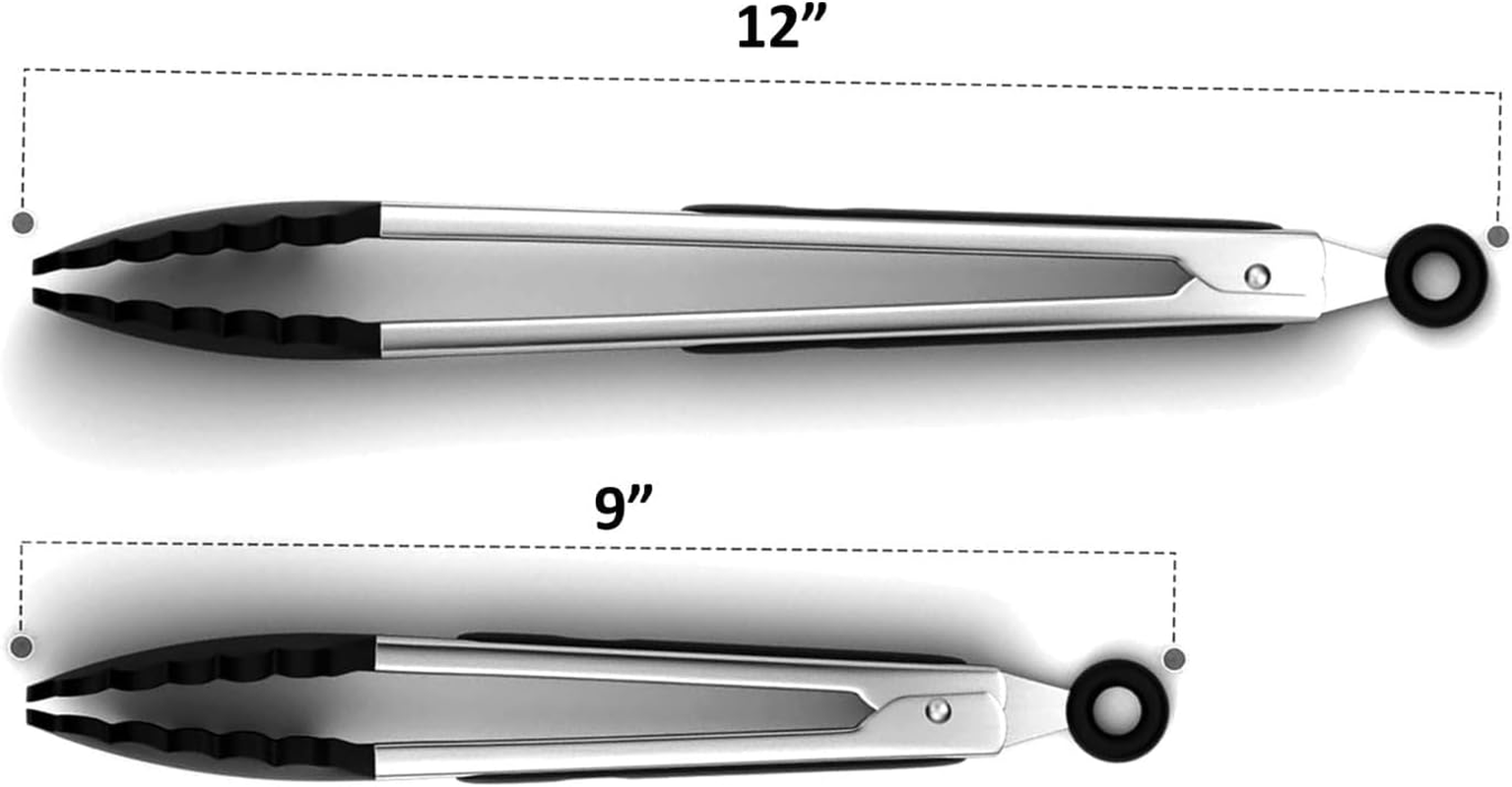 Premium Silicone Kitchen Tongs 12" & 9" Set of 2 Black BPA Free Lockable Stainless Steel for Grill Serving Cooking by ZOLOTI