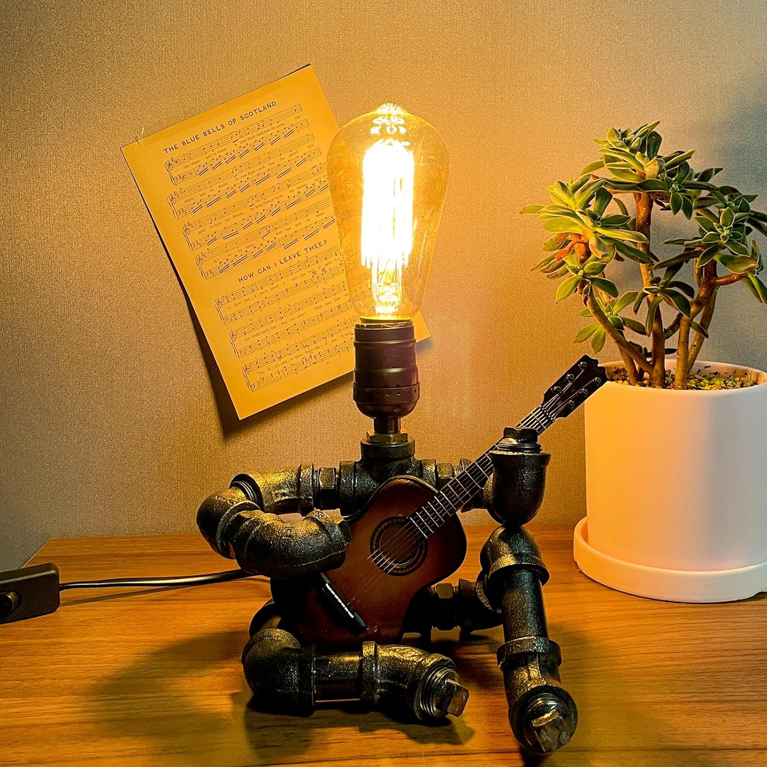 Fhomhair&Greine Music Guitar Table Lamp Art Decor, Cool Guitar Stuff Gifts for Men Music Lovers Guitar Players, Steampunk Pipe Man Edison Bulb Lamps, Retro Guitars Metal Pipe Industrial Robot Lights image number 2
