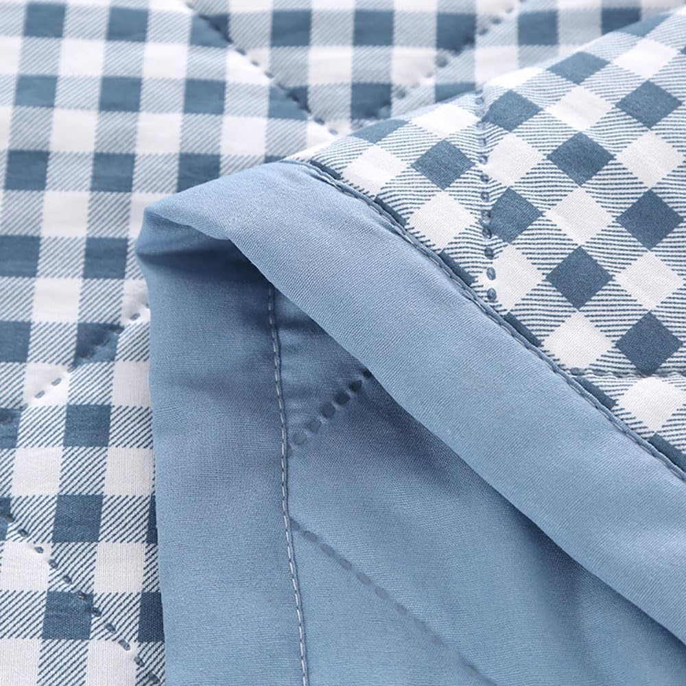 Plaid Quilted Bedspreads - Summer Soft Washed Cotton Lightweight Comforter, Reversible Checked Polyester Filling Cooling Blanket for Single Double Bed Air Conditioning Use (Light Blue,150X200Cm)