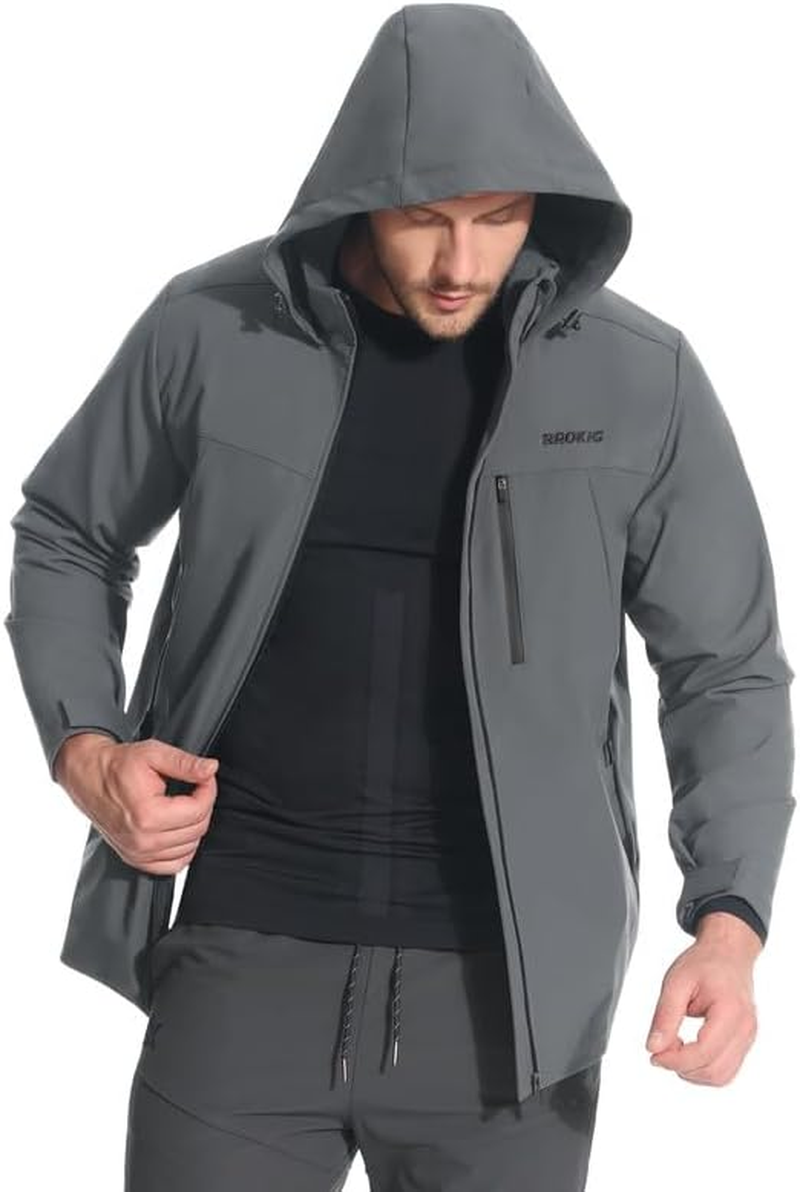 BROKIG Mens 3PT Hiking Softshell Jacket,Windbreak Waterproof Casual Functional Traveling Walking Coat Outdoor Jacket with Hood Zipped Pockets