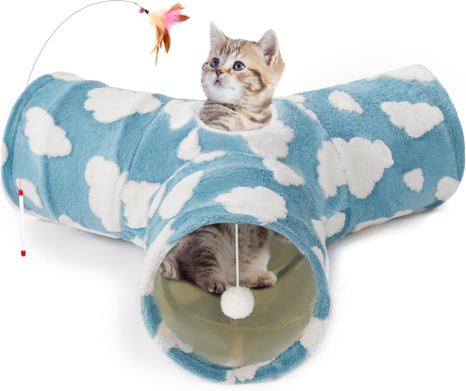 Tempcore Cat Tunnels for Indoor Cats Fleece-Lined in for Warmth, Pet Tube Toys 3 Way Collapsible, Pet Play Tunnel with Peek Hole Toy Ball for Kitty, Kitten, Rabbit, Geometry Blue