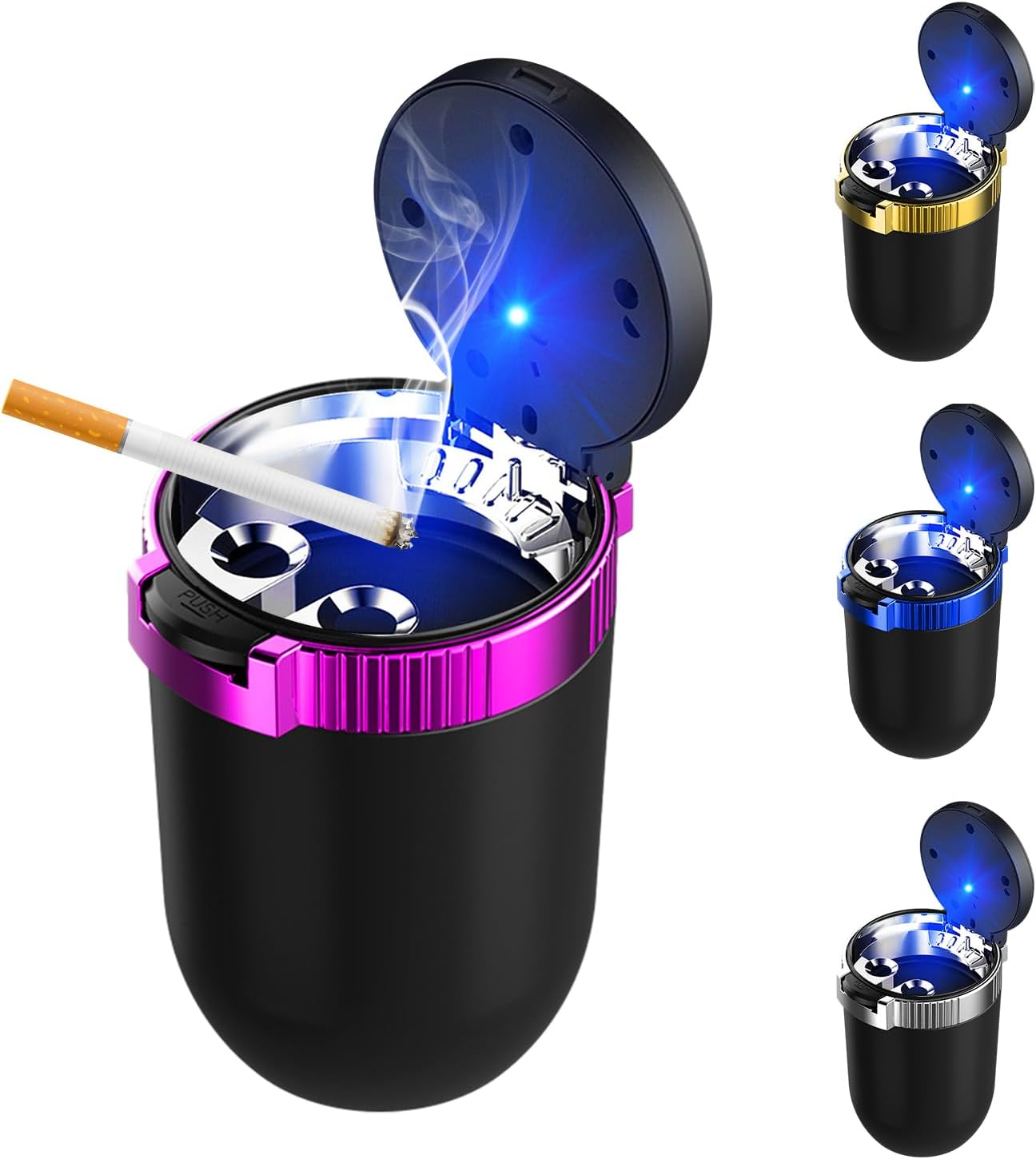 Car Ashtray with Lid, Detachable Stainless Steel Ash Tray with LED Blue Light, Portable Mini Vehicle Cup Holder Trash Can Smell Proof Ashtray Cup, Universal Car Accessories (Blue)