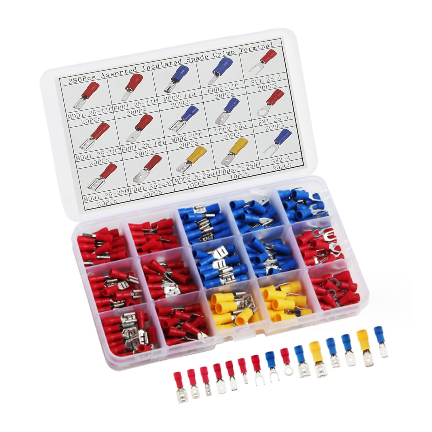 Yotsuba 280PCS Crimp Connectors, 2.8Mm 4.8Mm 6.3Mm Male and Female Spade Connector Kit, 15 Types Crimp Terminals Electrical Connectors, Electrical Terminals Includes Spade Ring Fork Wire Connectors image number 3