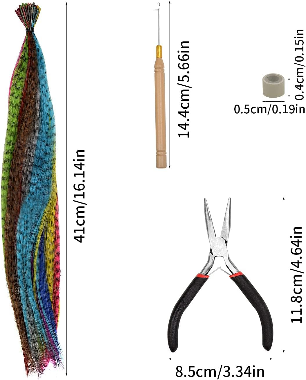50 Pieces Feather Hair Extension Set, Synthetic Hair Strands, Coloured Hair Extensions, Clip Feather Extensions, Highlights, Colourful Straight Hairpiece with 100 Silicone Rings, Pliers and Hooks image number 4