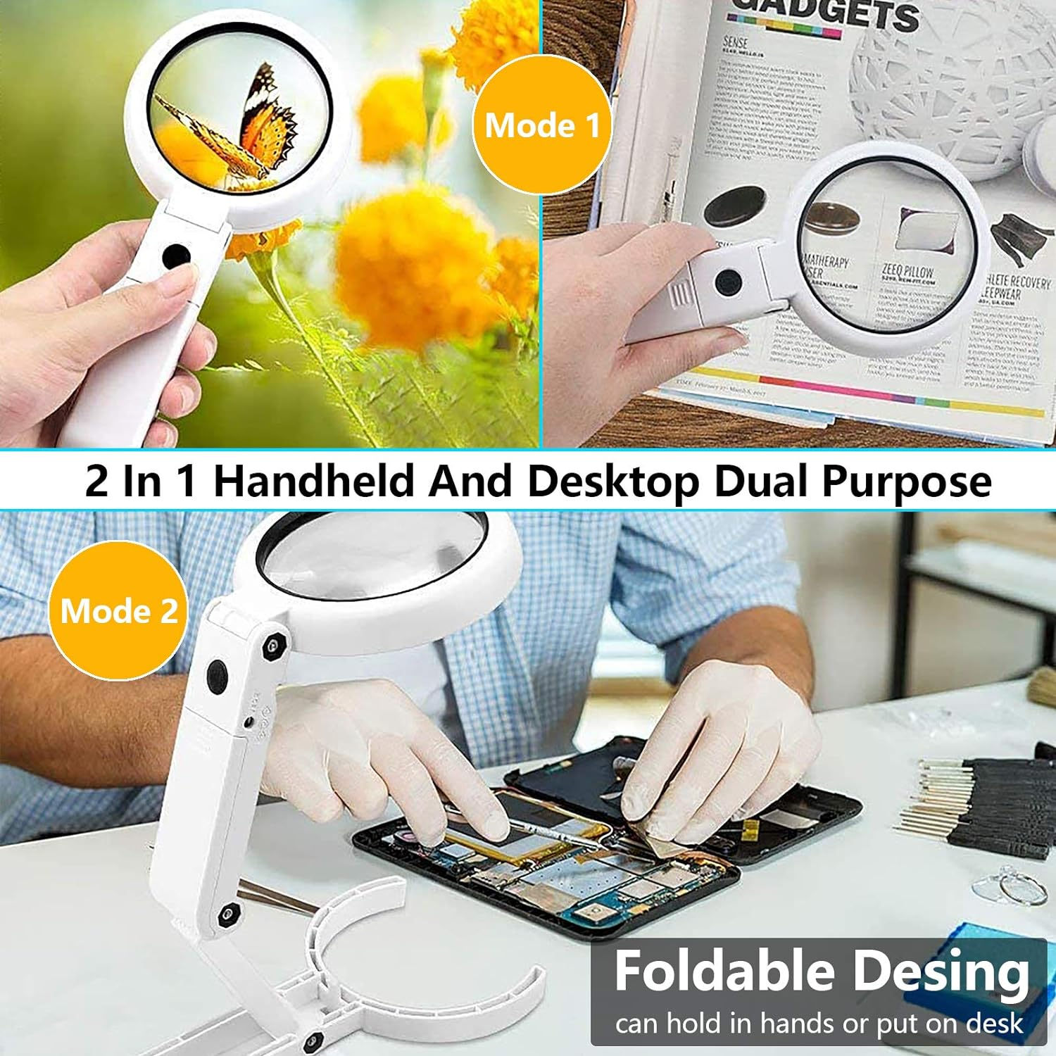 30X 10X Magnifying Glass with Light and Stand, Foldable Handheld Magnifying Glass & 2 Level Dimmable for Close Work, Macular Degeneration, Seniors Reading, Powered by Battery or USB image number 2