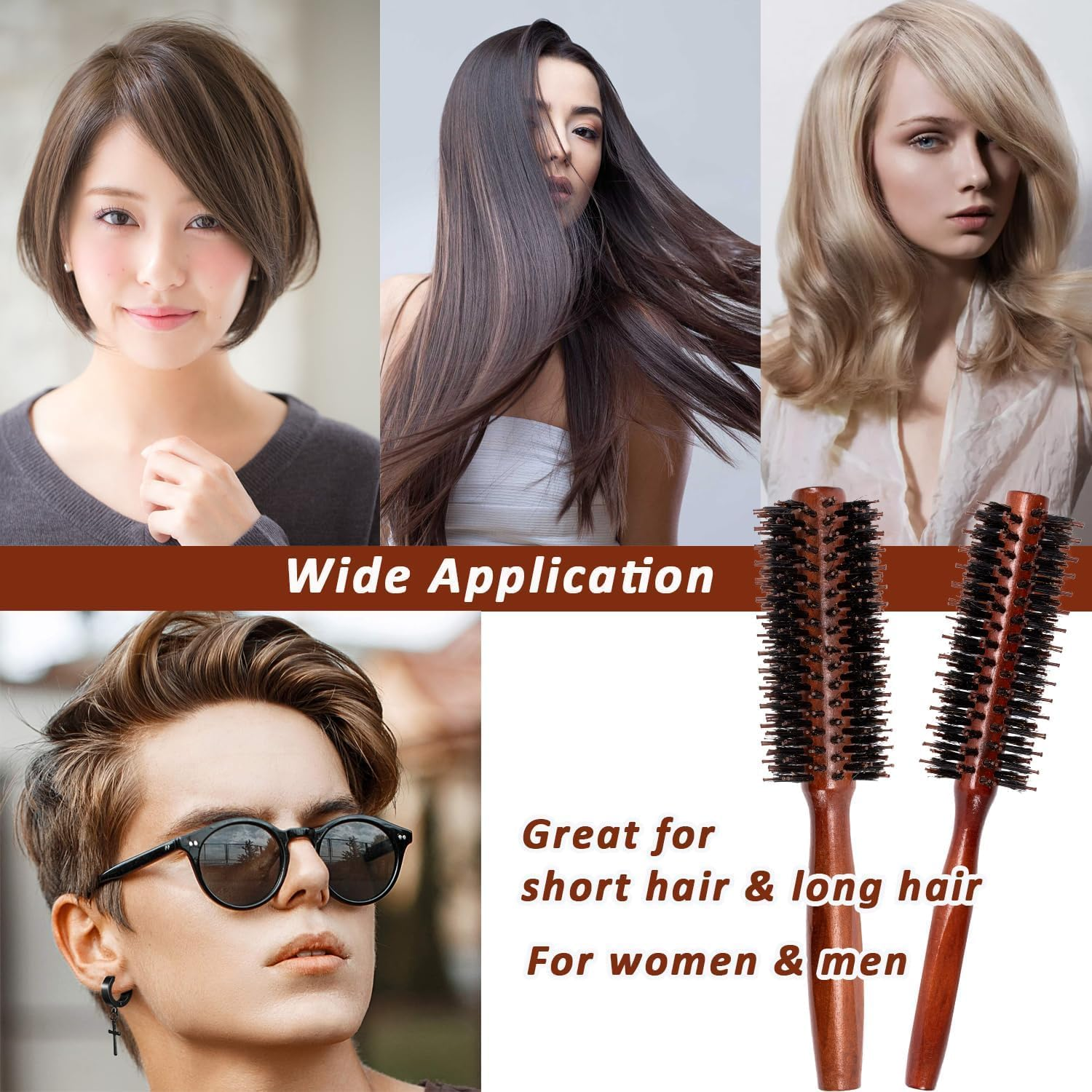 Round Boar Mane Hair Wooden Handle Brush, 2Pcs round Hair Brush Boar Bristle Hair Brushes,Wooden Handle round Bristle Styling Brush, Wooden Boar Bristle round Brush,Boar Bristle Brush round Hair Brush image number 3