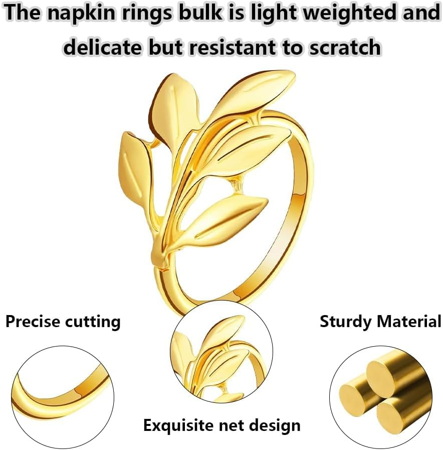 Gold Napkin Rings Set of 12 - Metal Leaf Fall Napkin Rings for Dinner Table Decor, Wedding, Kitchen, Banquet, Holiday, Everyday Party - Leaf image number 5