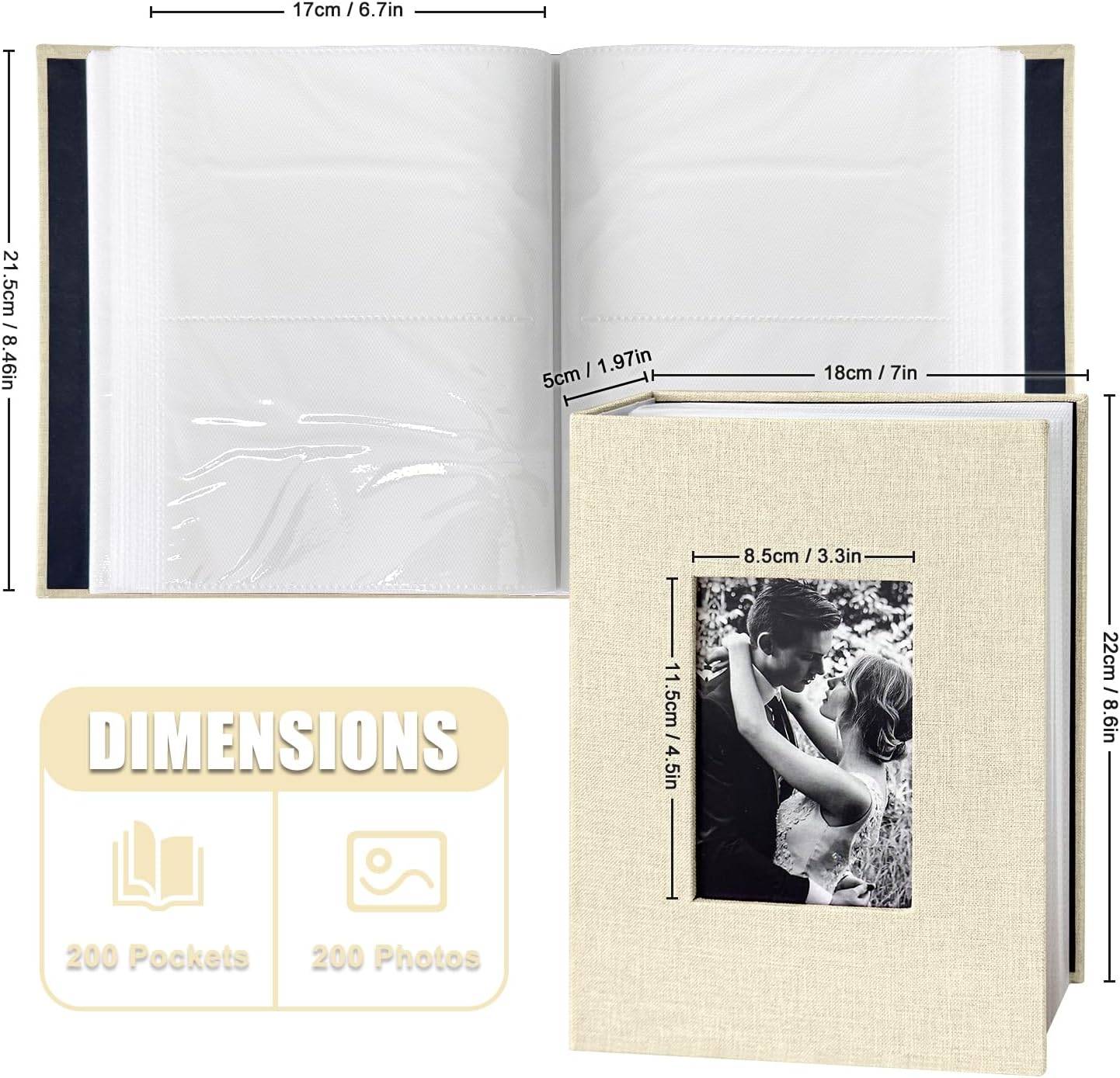 200-Pocket Photo Album 4X6 - Slip-In Picture Album with Linen Cover & Display Window, Vertical Photo Book for Wedding, Family, Baby, Anniversary & Vacation Memories (Holds 200 Photos) image number 1
