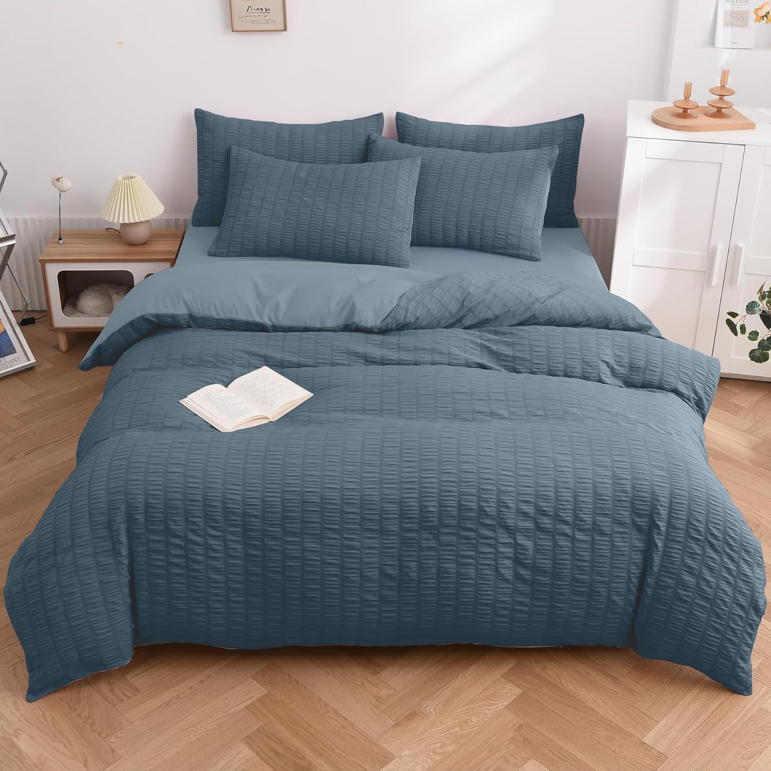 Duvet Cover, Seersucker Fabric, Hosur 3-Piece Set, Single, Bedding Cover Set, Peach Skin Finish, Duvet Cover, Fitted Sheet, Pillow Case, Gentle Touch Soft, Washable, Quick Dry Type image number 2