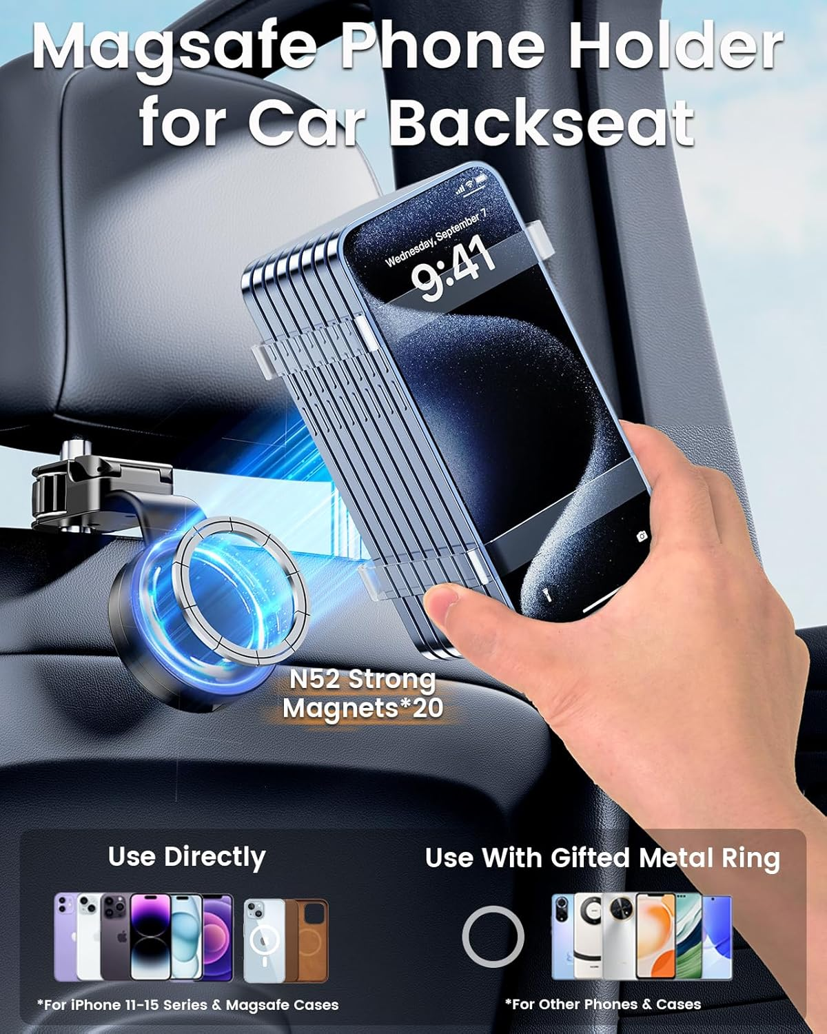 2 in 1 Car Headrest Phone Holder & Hidden Hook, [Strong Magnetic & Soft Aluminum Arm] Car Seat Phone Holder for Iphone, 3 Orgnaizer Car Headrest Hook for Purse Bag Key Umbralle Headphones image number 3