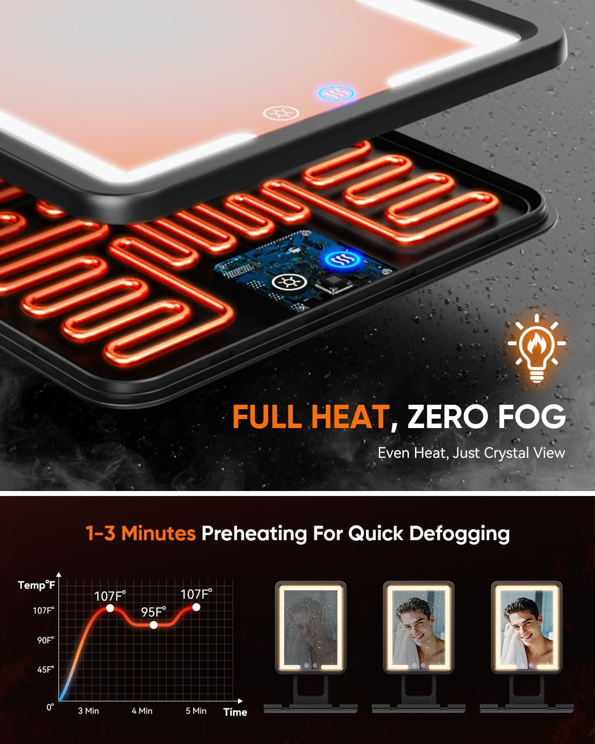 Fogless Lighted Shower Mirror for Shaving, 3 Colors Stepless Dimmable Lights, with Razor Holder, 360&deg; Rotation, anti Fog, Removable, Led Bathroom Mirror, Makeup Mirror (Black) image number 3