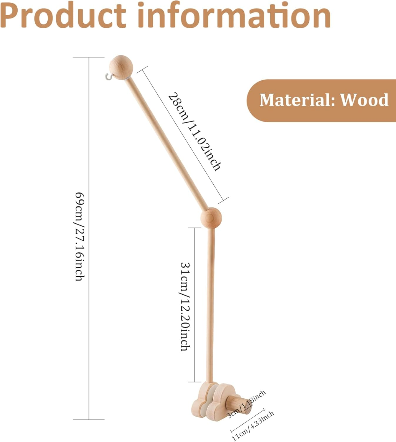 Cot Mobile Arm 69Cm Wooden Cloud Design Detachable Baby Mobile Hanger Height Adjustable Cute Crib Mobile Arm for Home Baby Bed Bell Wind Chimes image number 5