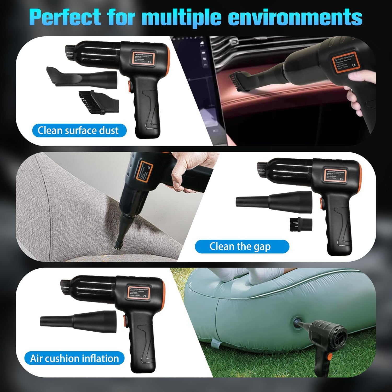 Mini Vacuum Cordless, 16000Pa Car Vacuum Cleaner Cordless, 120W Brushless Motor Handheld Vacuum Cordless, Multi-Nozzles, Car Cleaner for Pet Hair with 2 Gear Adjustment, Car, Home, Office, Kitchen image number 5