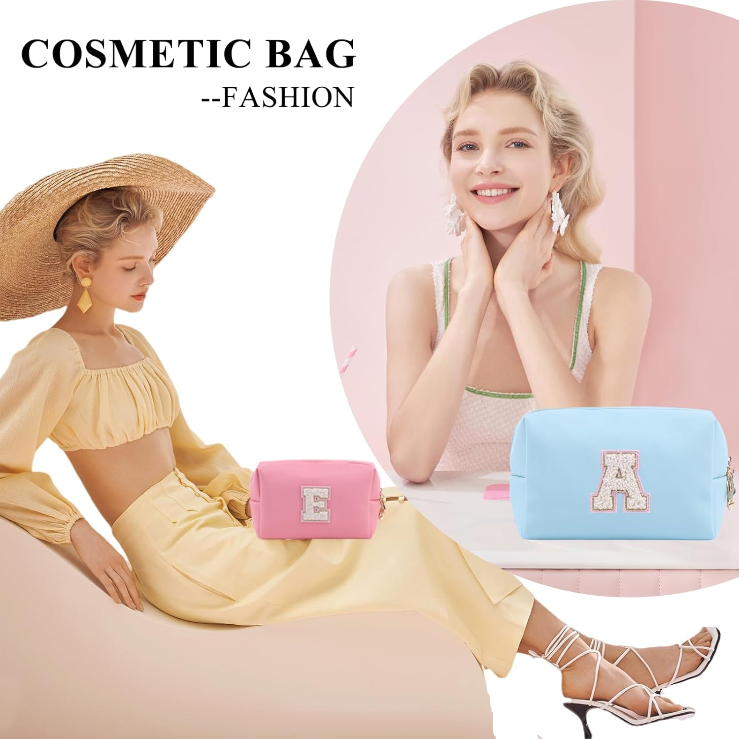 Personalized Initial Makeup Bag Cute Makeup Bag Chenille Letter Waterproof Zipper Cosmetic Bags for Women, Preppy Makeup Pouch Travel Toiletry Bag Organizer Birthday Gift for Girls, Beige-Pink, N image number 2