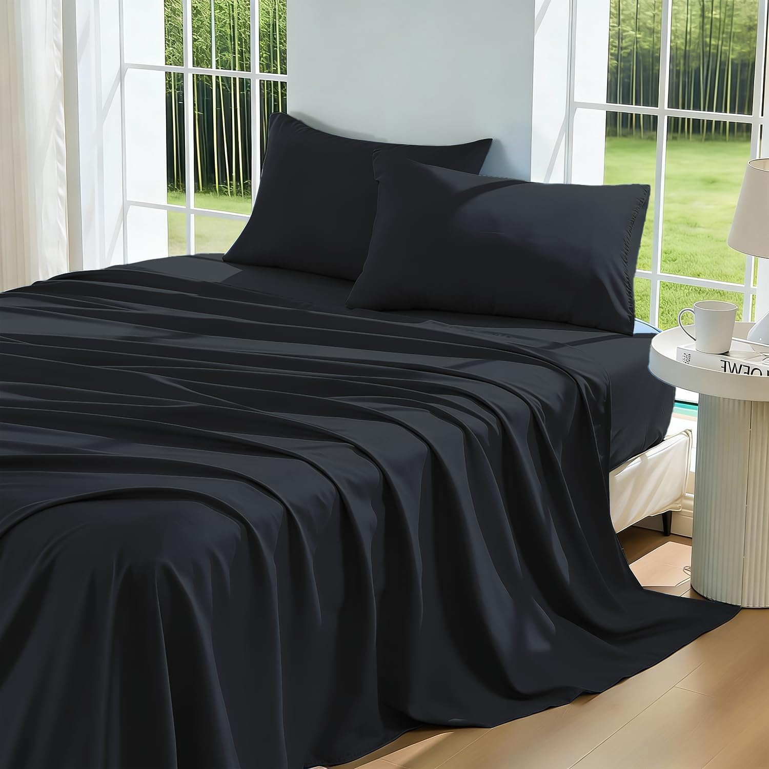 Lovana Bamboo Cooling Sheet Set King for Hot Sleeppers,4 Pack Bed Sheets Set,40Cm Deep Pocket,2000Tc Soft Bedding Natural Breathable & Sweat-Wicking,Silver