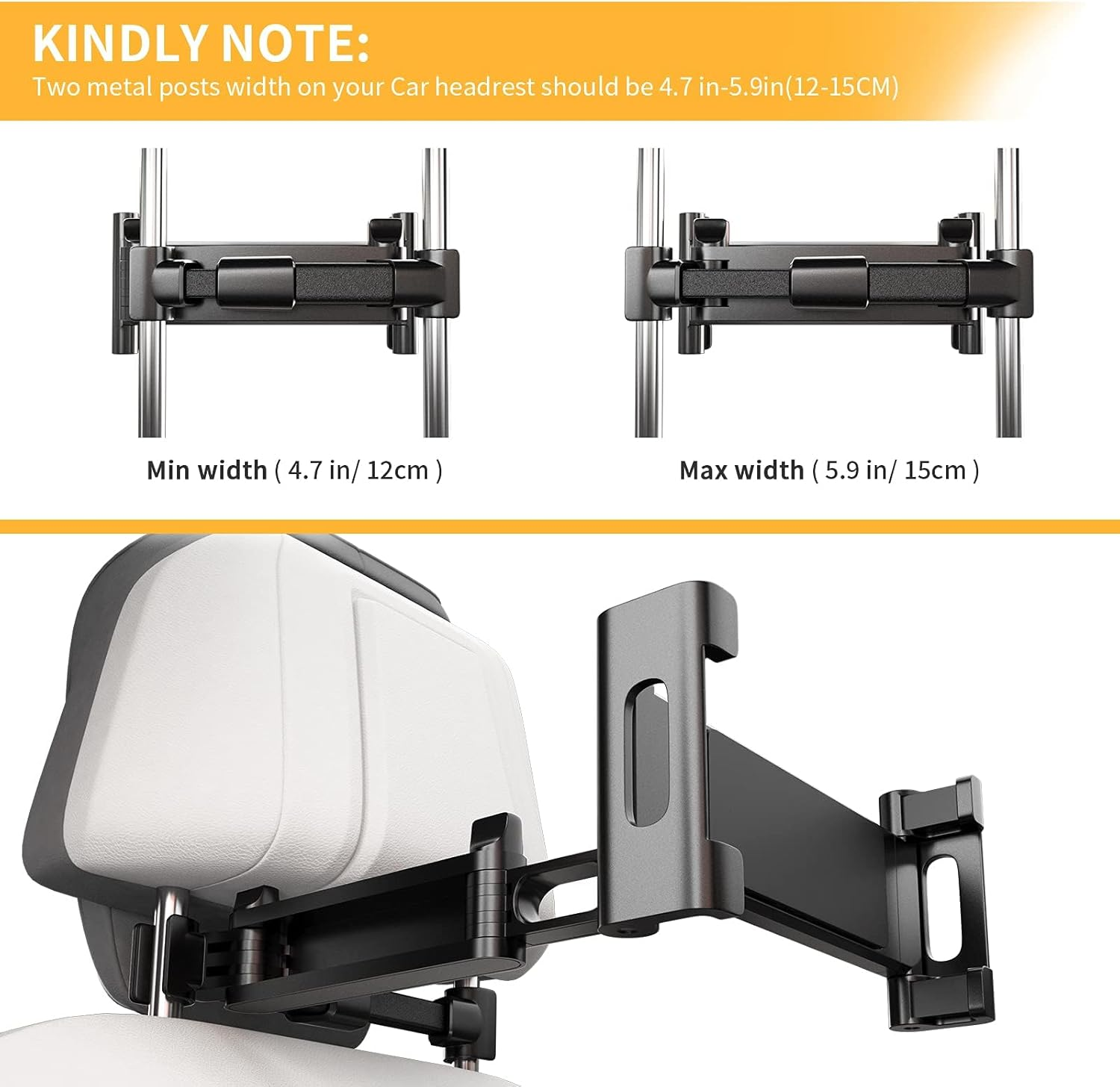 Car Headrest Tablet Mount, Tablet Ipad Holder for Car Universal 360&deg; Rotating Adjustable, Stretchable Car Back Seat Stand Cradle for 4.7~12.9 Inch Tablets, Smartphone, Ipad, Iphone, Samsung, Switch image number 3