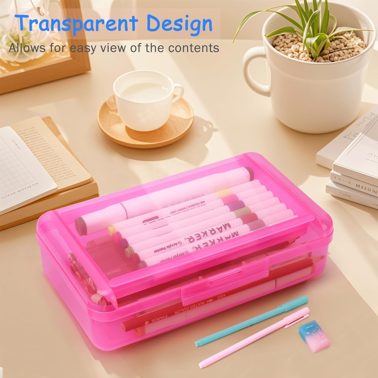 Nuozme Double Layer Large Capacity Pencil Box,Plastic Translucent Pencil Box, Hard Pencil Cases with Snap-Tight Lid for Pens, Pencils, School Supplies,Office Supplies, Medium-Sized,1 Pack - Clear image number 1