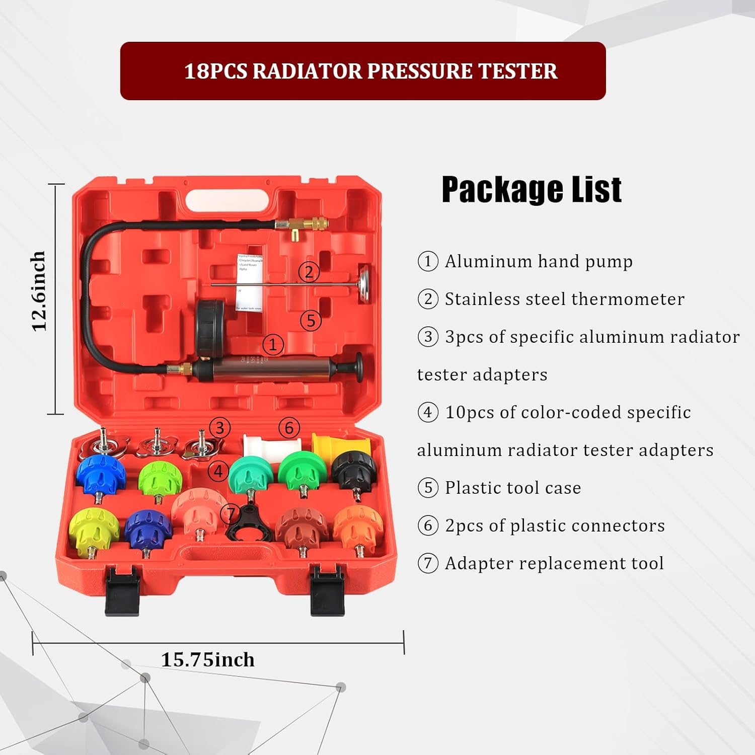 PB Motor Tech 18PCS Radiator Pressure Tester Kit, Automotive Cooling System Leak Detection Tool for Water Tanks image number 1