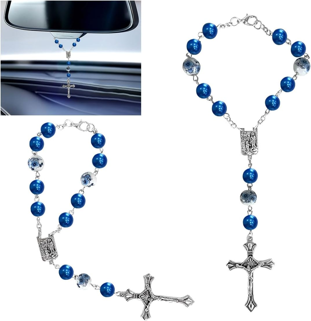 2PCS Rosary for Rearview Mirror, Purple Pendant Interior Charm Auto Decors, Medal and Cross Personalized Hanging Accessories for Women Men (Purple)