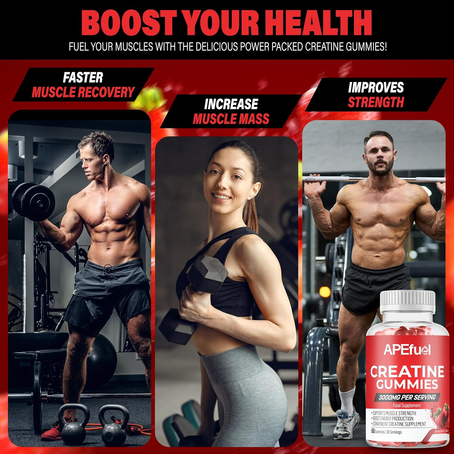 Apefuel Creatine Gummies for Men & Women - Sugar-Free Strawberry Flavored Pre-Workout Gummies for Muscle Growth, Strength & Cognitive Support - 3000Mg Creatine Dietary Supplement (30-Days Supply) image number 3