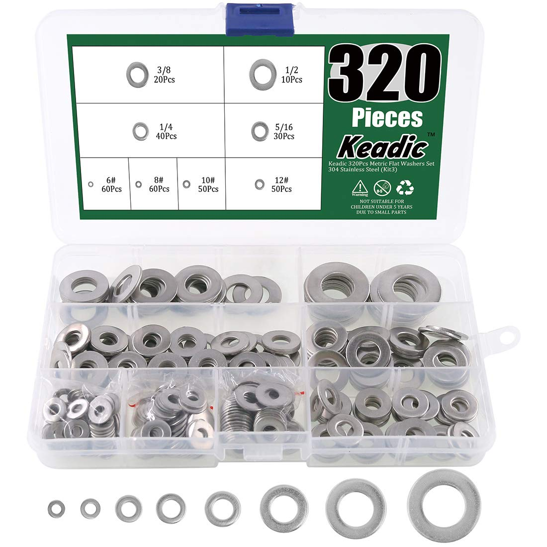 Keadic 320Pcs Flat Washers Set Stainless Steel, 8 Sizes - 1/2 3/8 5/16 1/4 12# 10# 8# 6# Hardware Gasket Assortment Kit (Kit3) image number 3